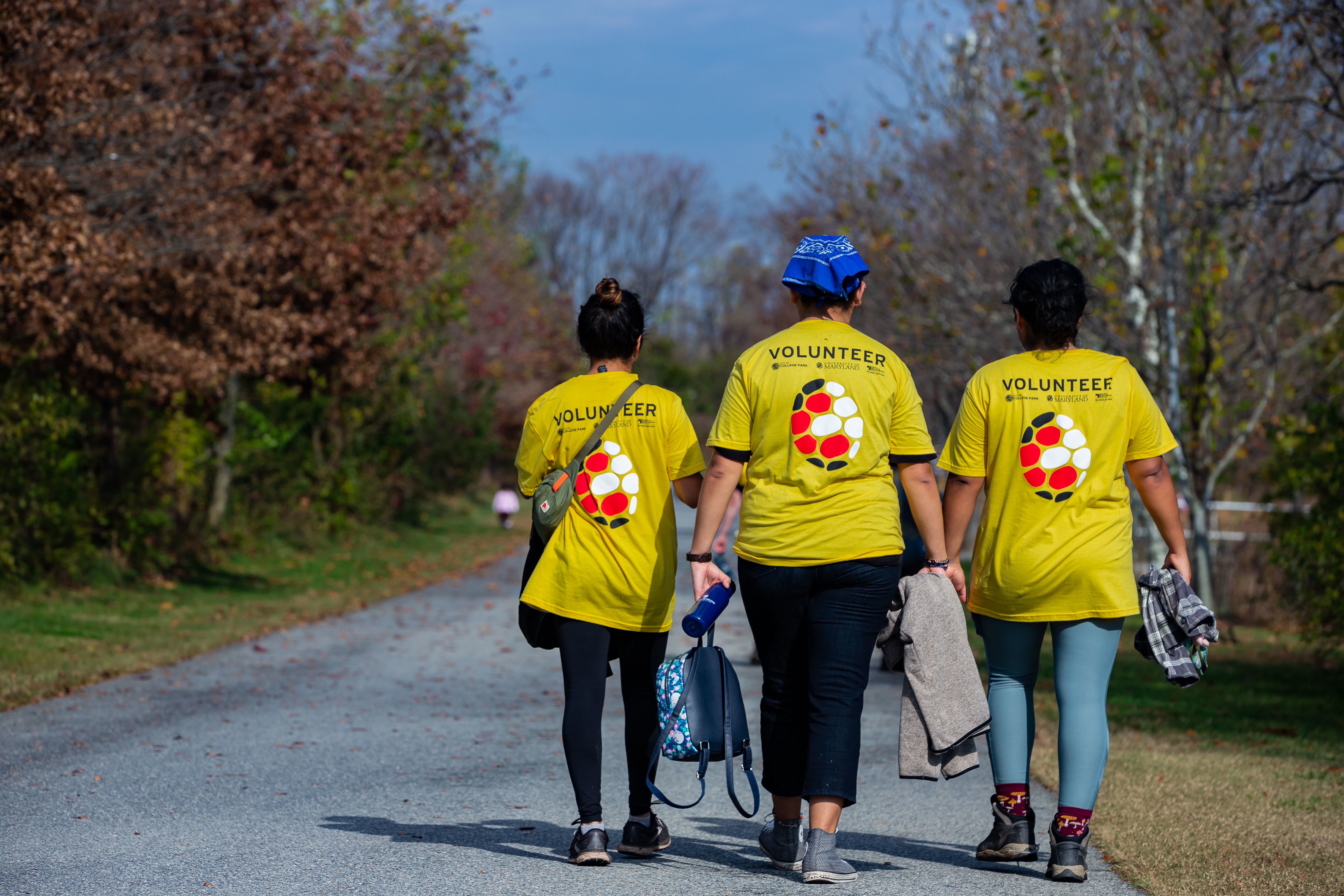 three volunteers walking away from the camera